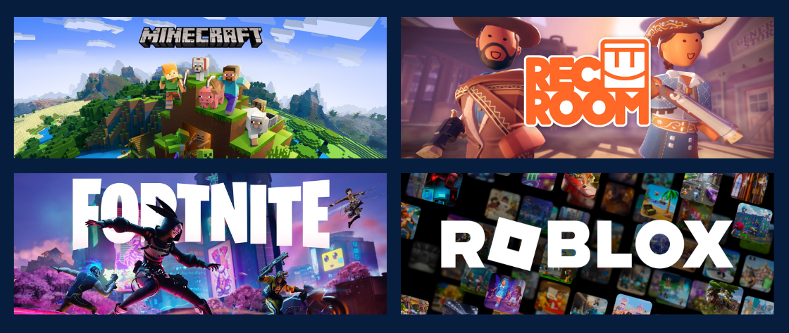 Minecraft, Roblox, Fortnite, Rec Room screenshots